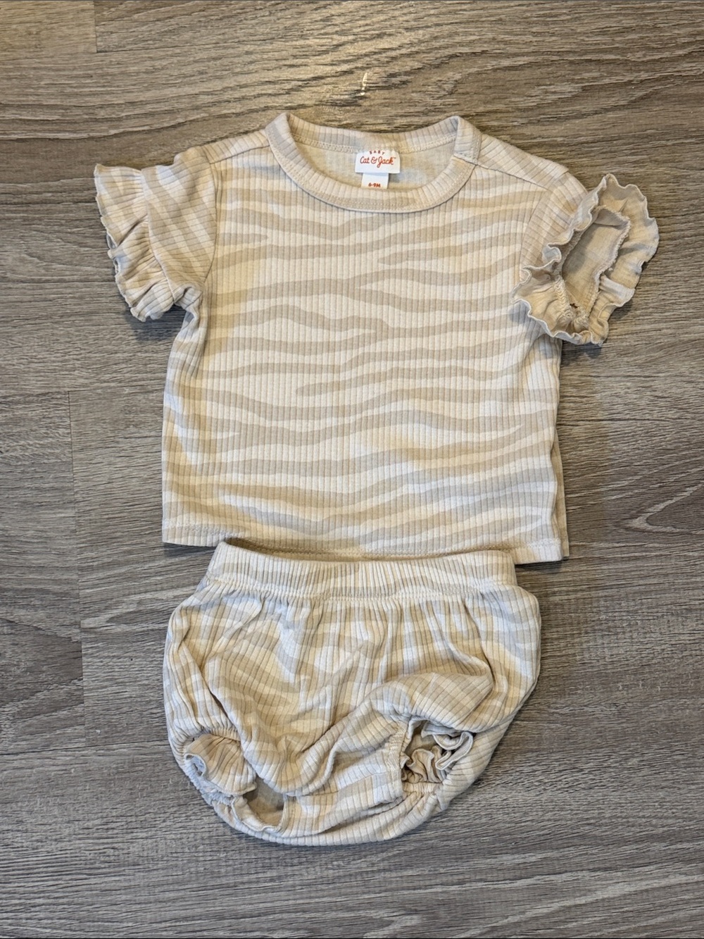Cat & Jack Neutral Beige Zebra Print Ribbed Top & Bloomers Set